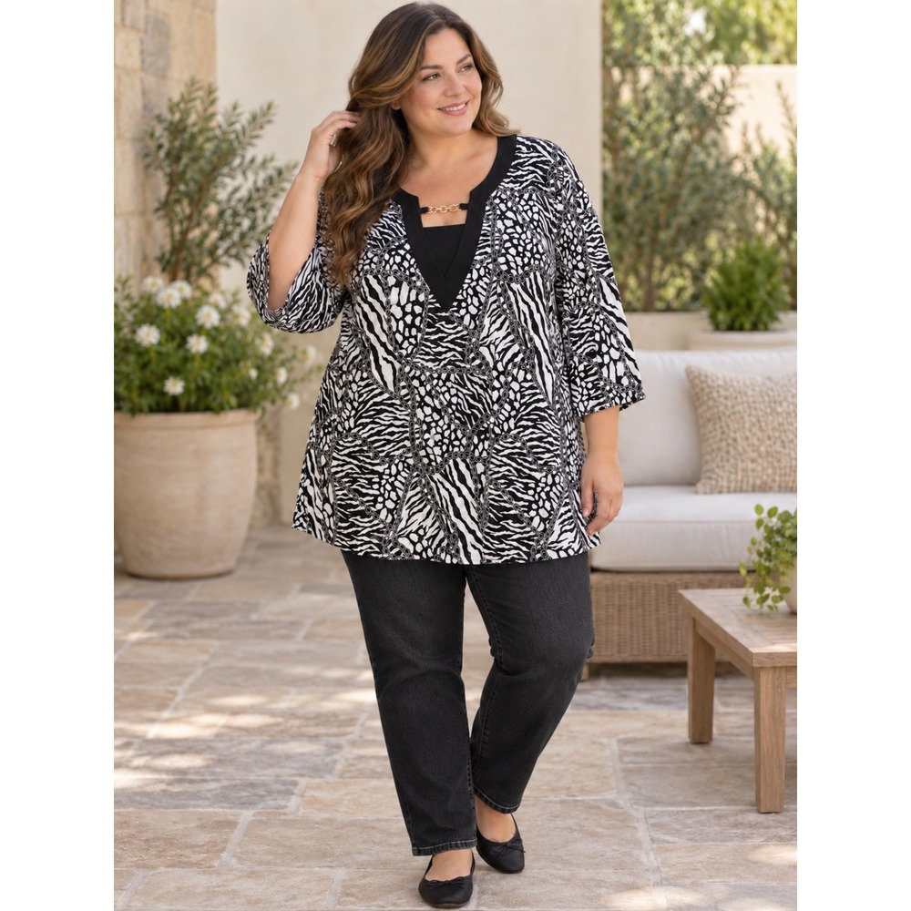 Maggie Barnes Tunic Women 4X 30/32 Black White Animal Chain Sequin V-Neck Blouse